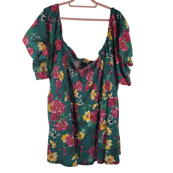 Torrid Green Red Yellow Smocked Floral Poplin Women's Blouse Top 6 NWT - Picture 2 of 7